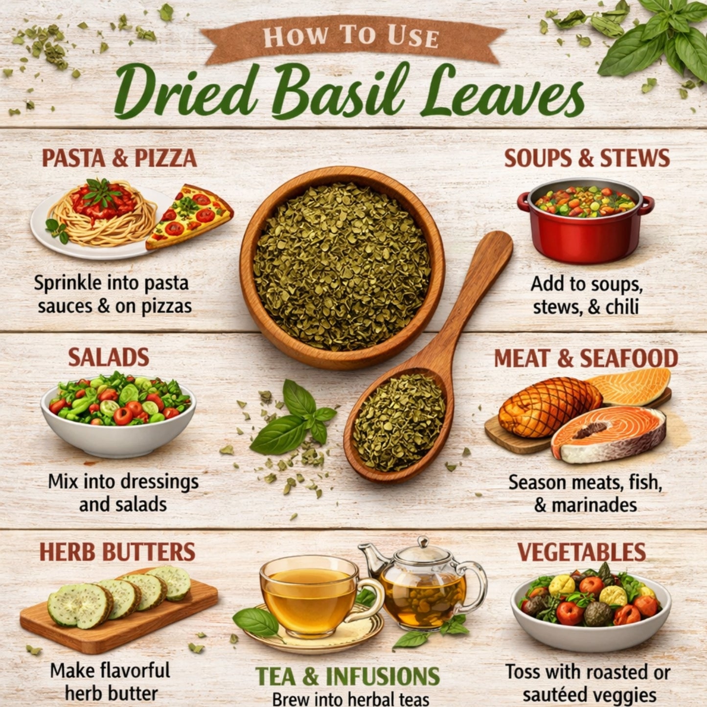 Infographic on how to use dried basil leaves with images and text.