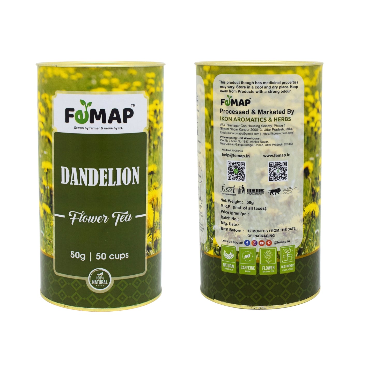 FEMAP Dandelion Tea packaging with nutritional info, manufacturer, and certifications.