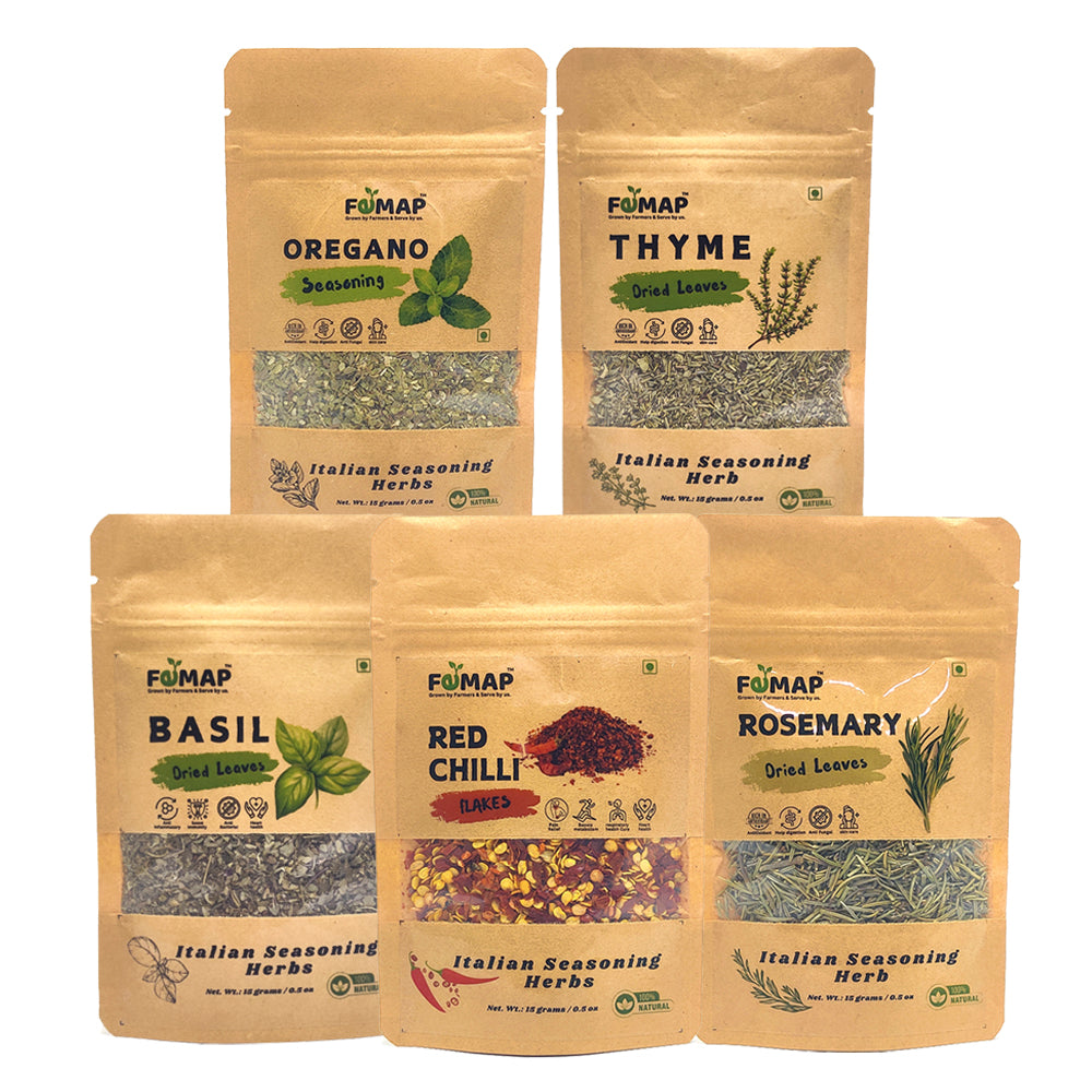 A collection of five pouches of Femap Seasonings Herbs & Spices in different flavors, including Thyme, Basil, Chilli Flakes, Oregano, and Rosemary.