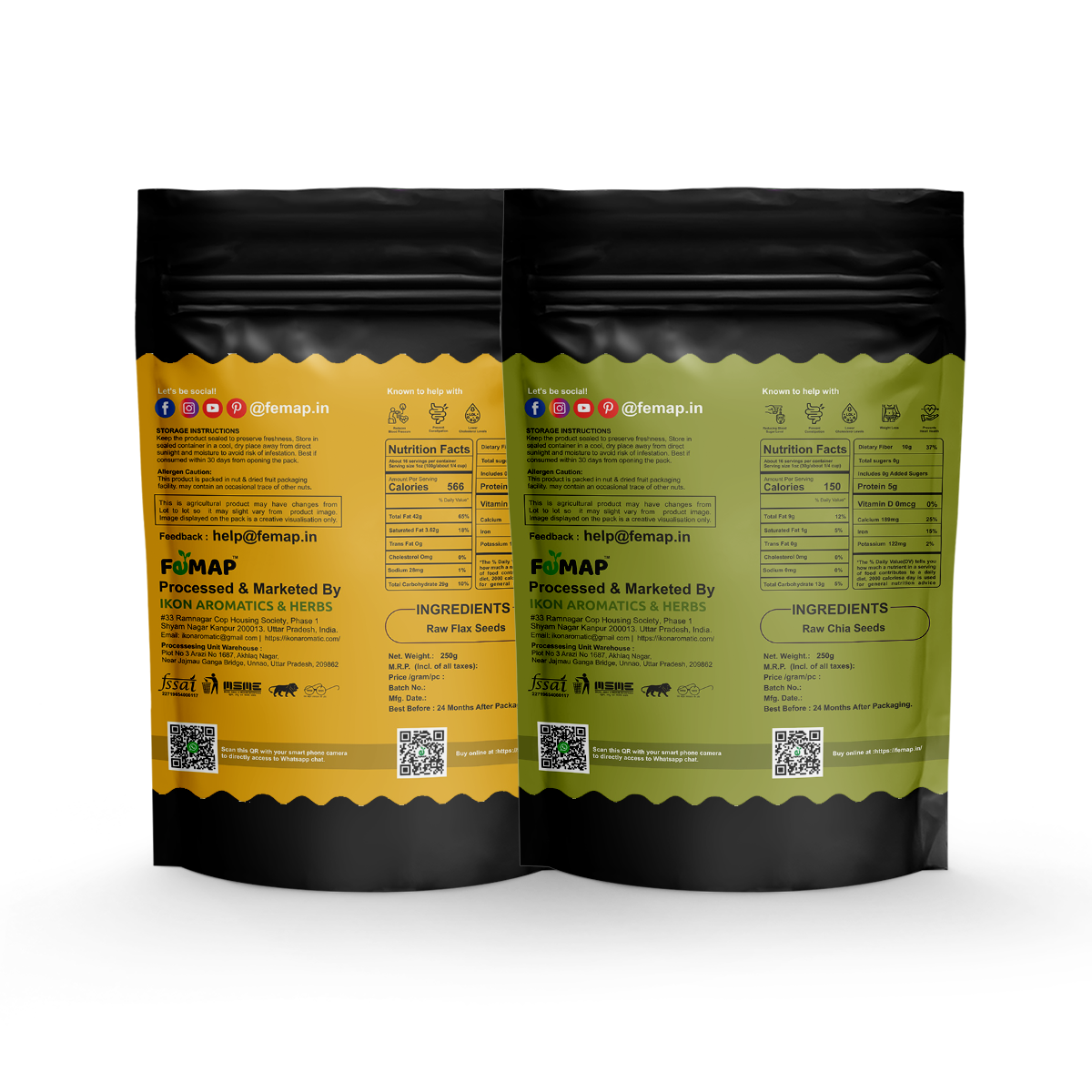 Two packages of Femap branded Flax Seeds and Chia Seeds back side package, with the Flax Seeds in a yellow package and the Chia Seeds in a green package. Both packages have the brand logo and essential seed images.