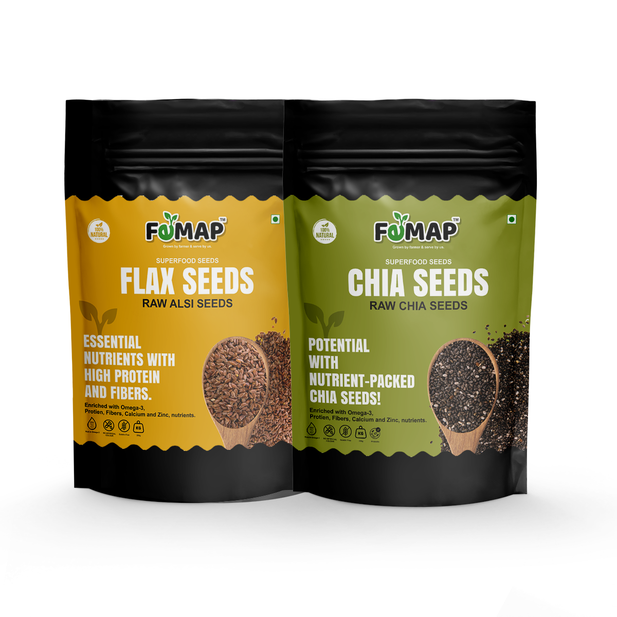 Two packages of Femap branded Flax Seeds and Chia Seeds, with the Flax Seeds in a yellow package and the Chia Seeds in a green package. Both packages have the brand logo and essential seed images.