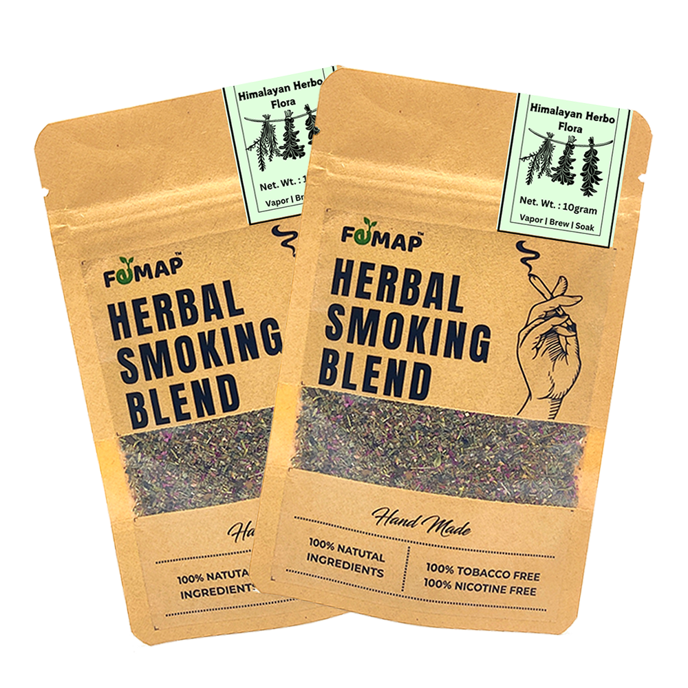 Packaging of Femap Himalayan Herbo Flora Herbal Smoking blend, showing the product name and the herbs contained within, in a 10g packet.