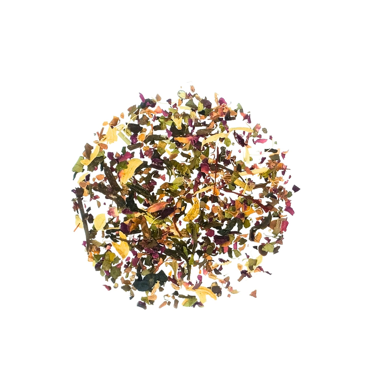 Loose Kashmiri Kahwa tea leaves spilling from FEMAP tin, showing spice mix including saffron, rose, cardamom