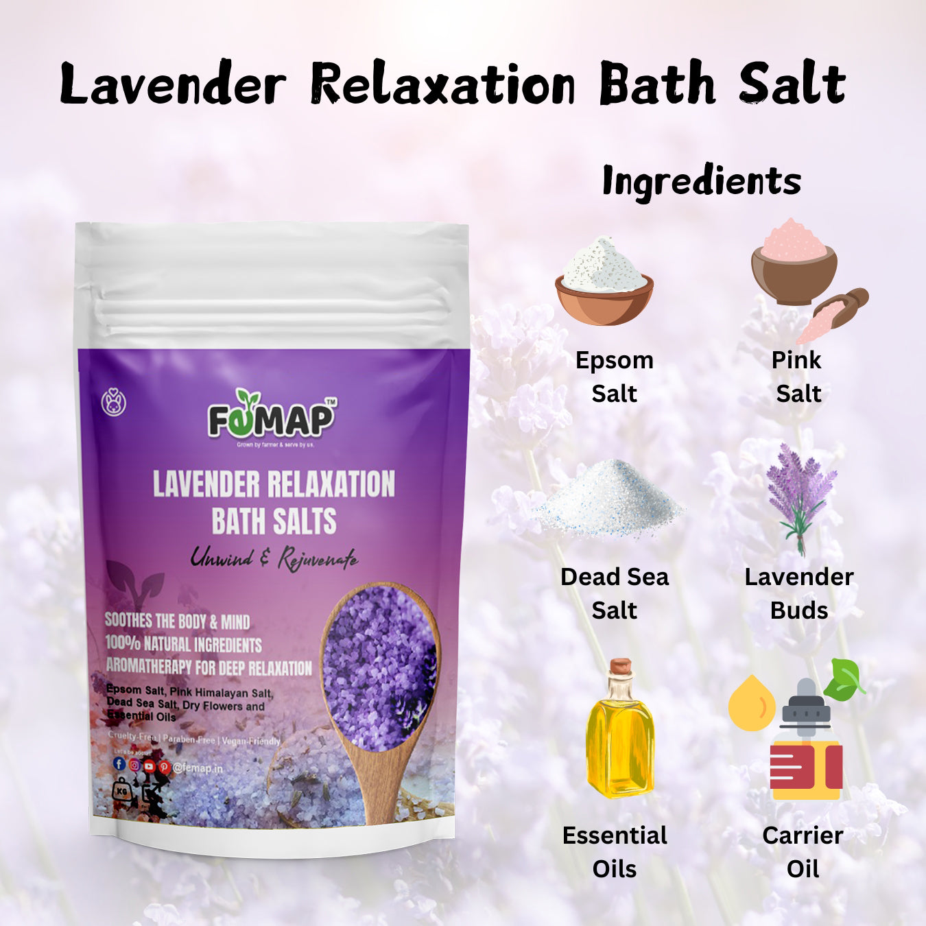 FEMAP Lavender Relaxation Bath Salts – Key ingredients: Epsom salt, pink salt, dead sea salt, lavender buds, and essential oils