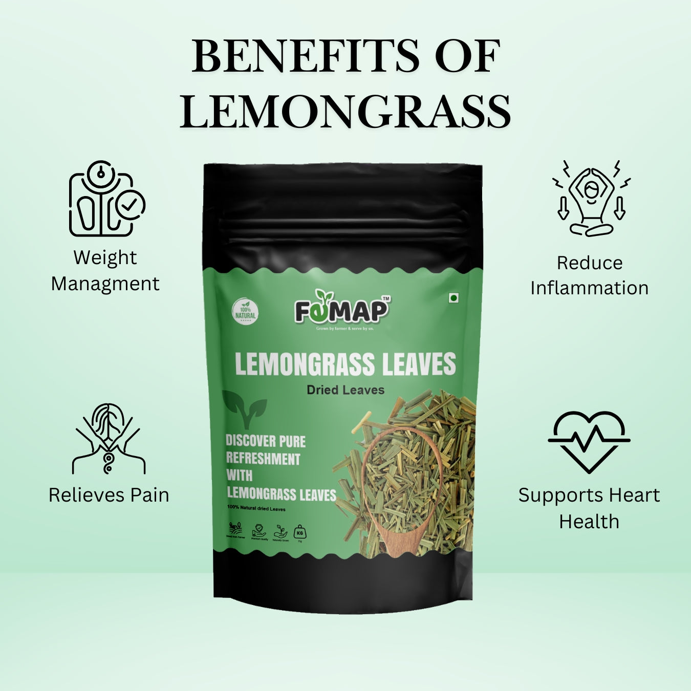 Health benefits of Femap Lemongrass Leaves – supports weight management, reduces inflammation, improves heart health.