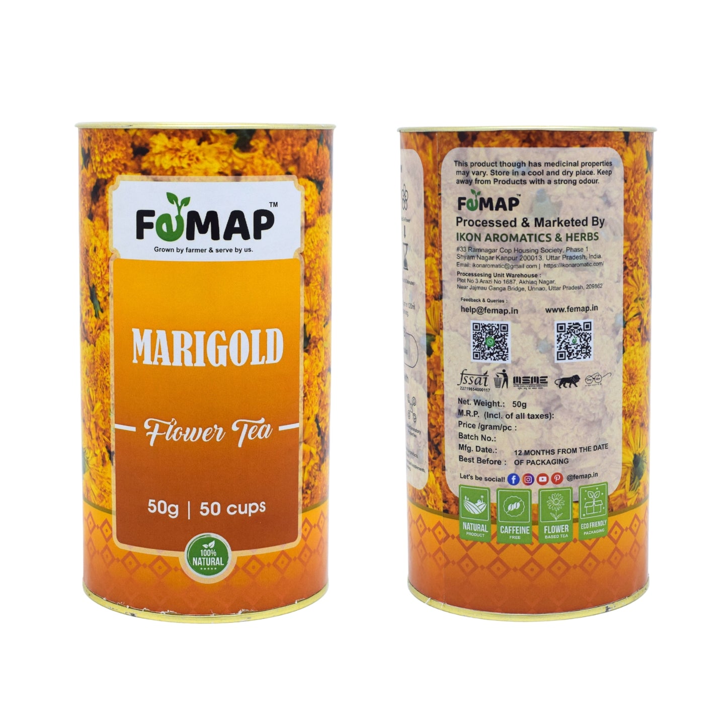 FEMAP Marigold Flower Tea 50g – Front and back view of product label