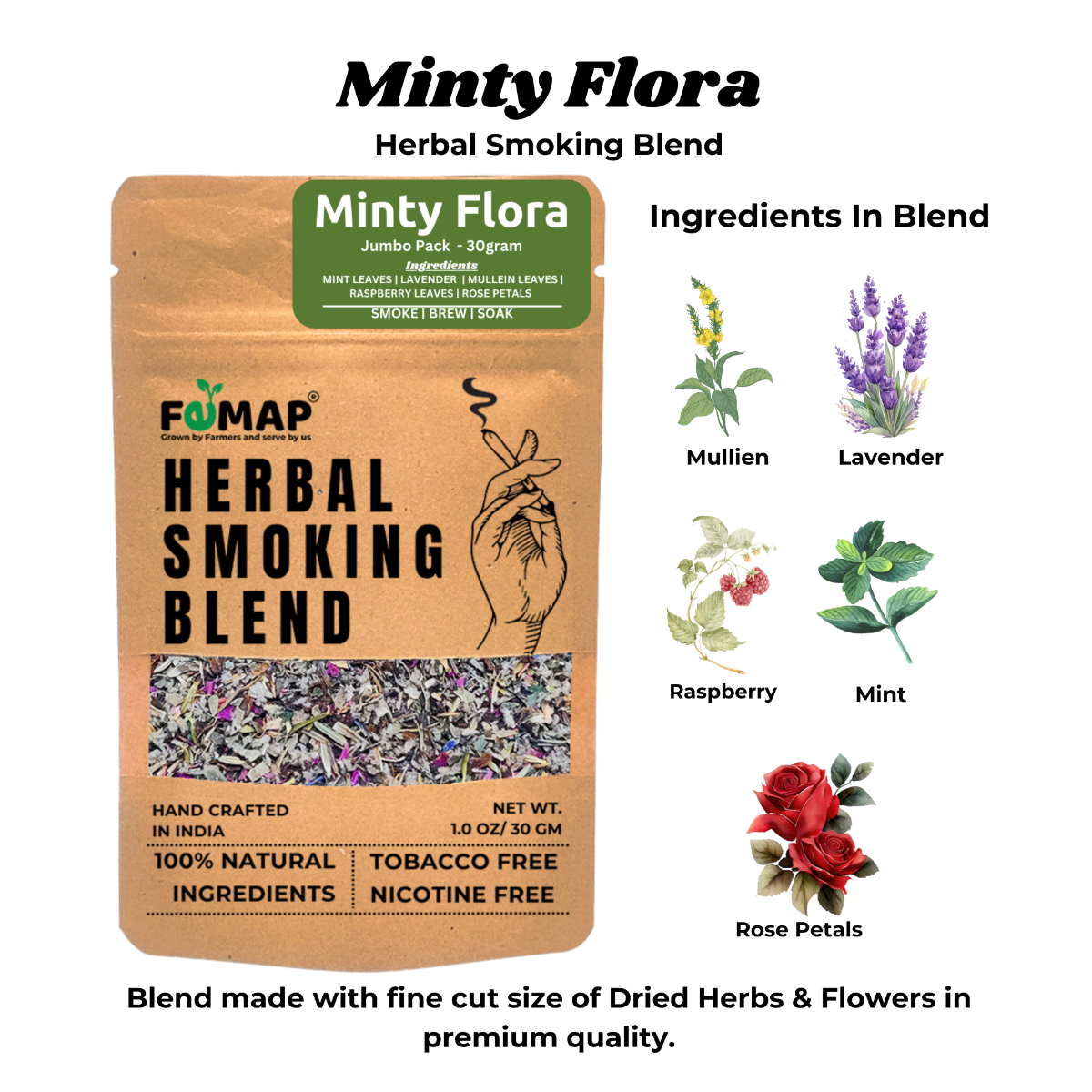 FEMAP Minty Flora Herbal Smoking Blend – Ingredients list: mint leaves, lavender, mullen leaves, raspberry leaves, and rose petals, 30g pack