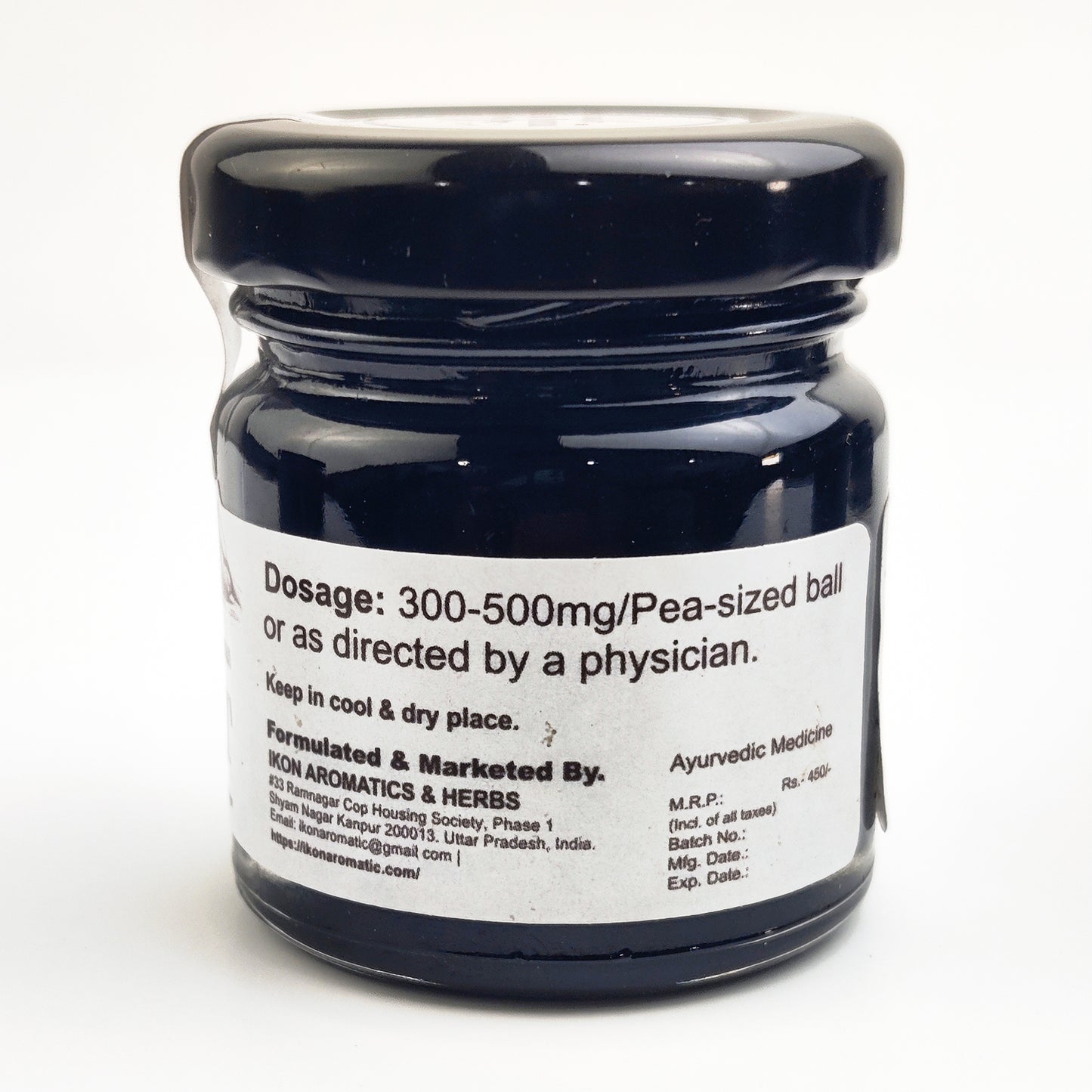 A black jar of shilajit resin 30g dosage mentioned back of sticker