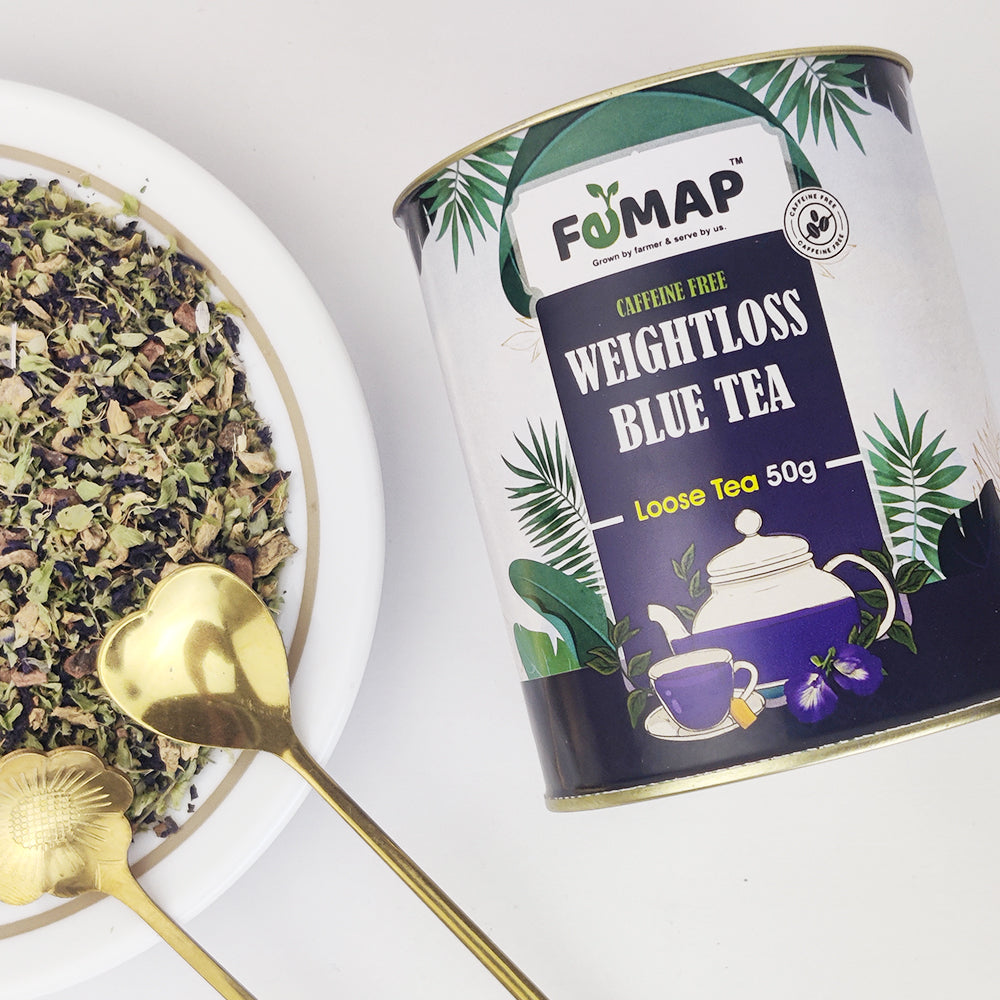 FEMAP Blue Tea 50g packaging with bowl of butterfly pea flowers – natural herbal blue tea display
