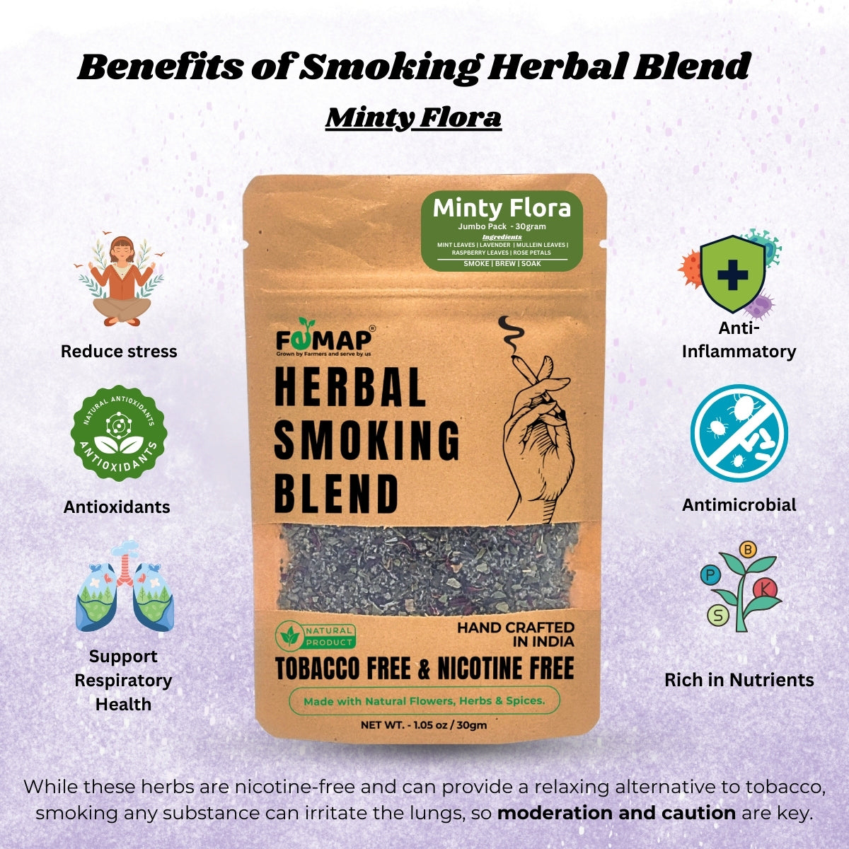 Packaging of Minty Flora Herbal Smoking Blend with health benefits listed on a light purple background.