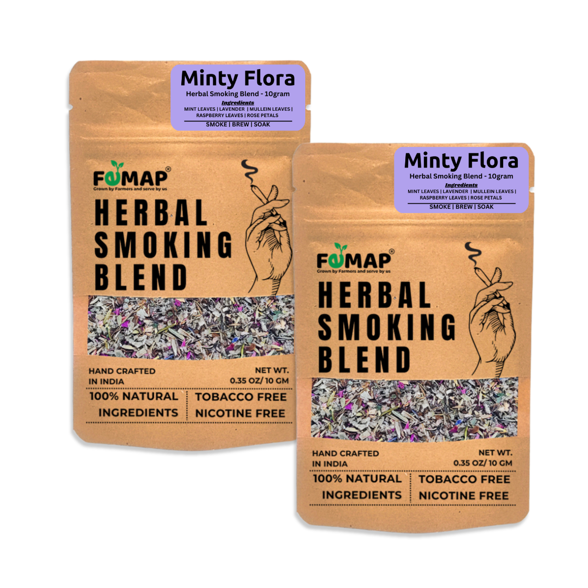 Packaging of Femap Minty Flora Herbal Smoking blend featuring various natural herbs and flowers such as peppermint, rose petals, and lavender, indicating the product is 100% natural, tobacco-free, and crafted in India.
