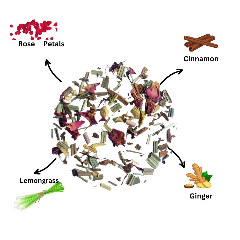 Herbal tea blend with rose petals, cinnamon, lemongrass and ginger ingredients for natural wellness.