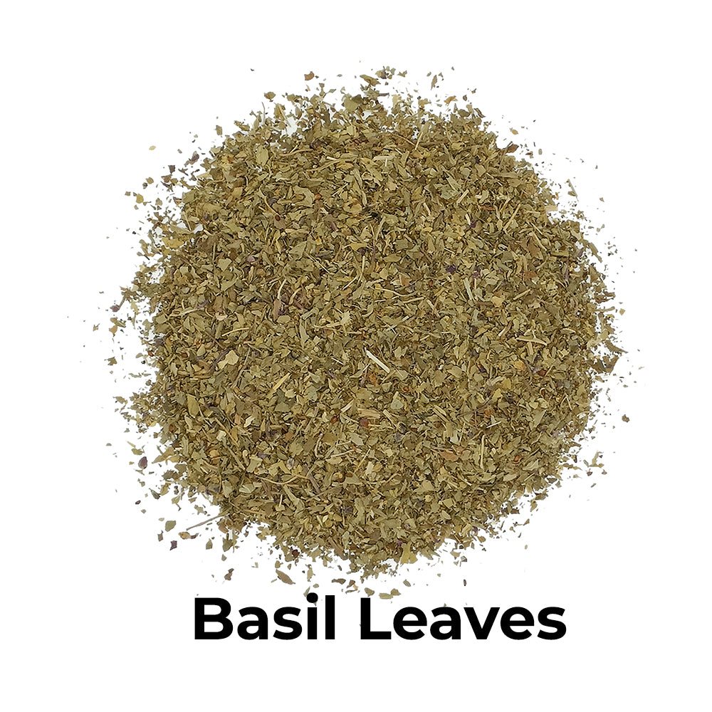 Raw basil leves herb scattered on plane white background