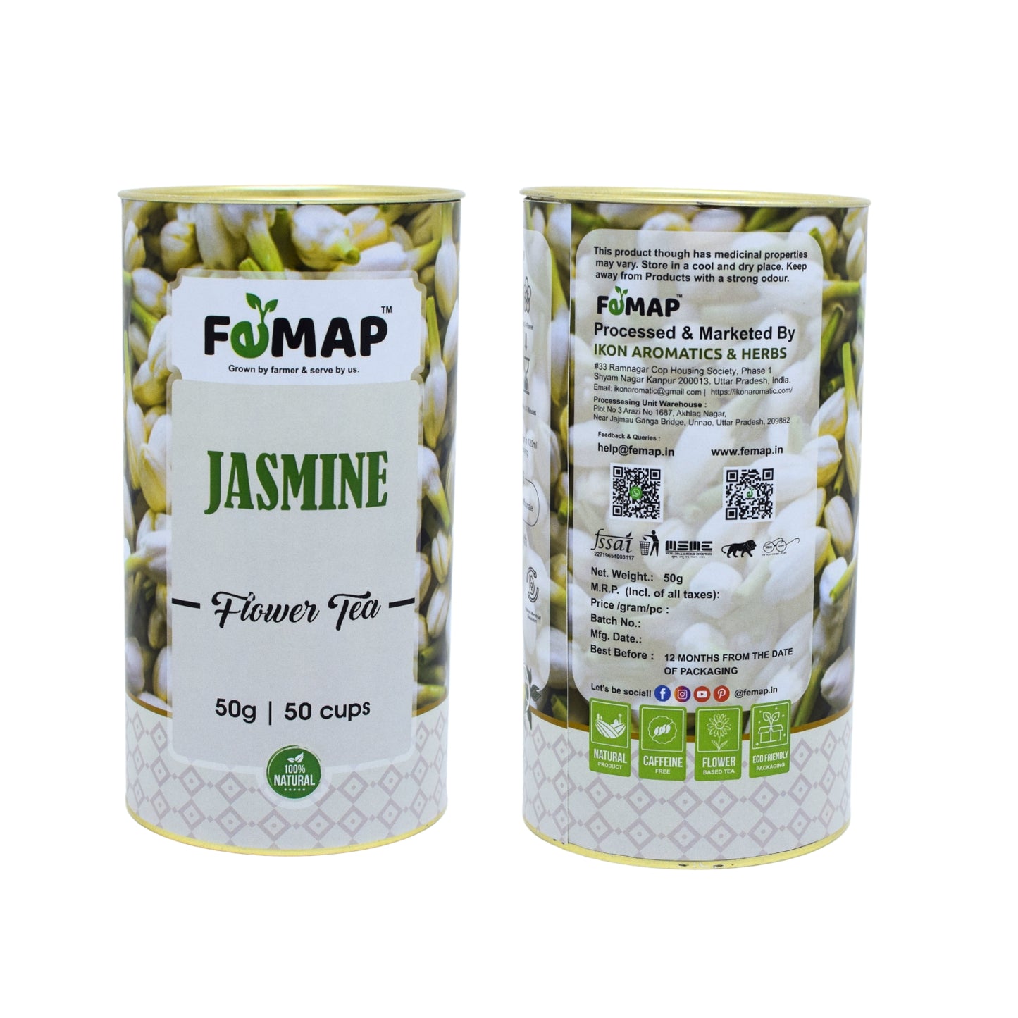 Back label of FMAP Jasmine Flower Tea – packaging, contact info, certifications