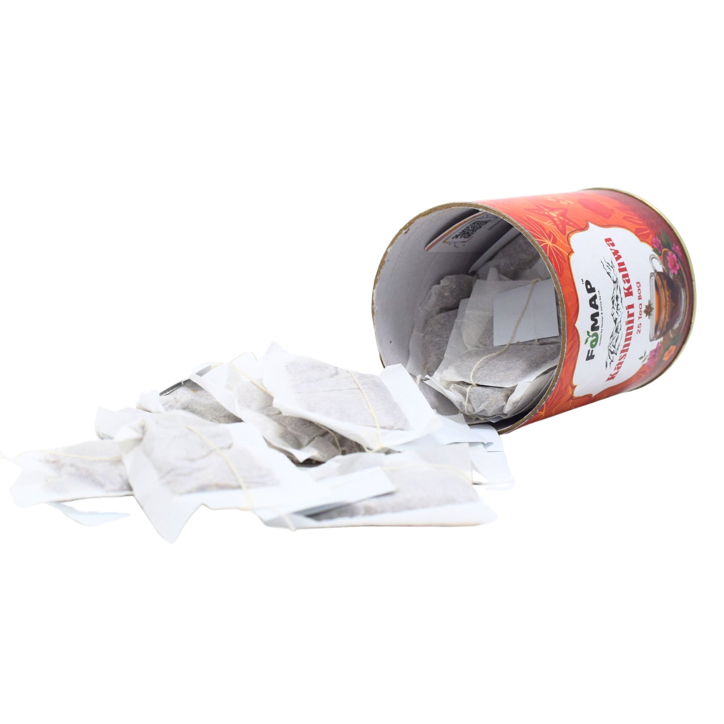 FEMAP Kashmiri Kahwa tin tilted with multiple tea bags spilling out, showcasing packaging quantity