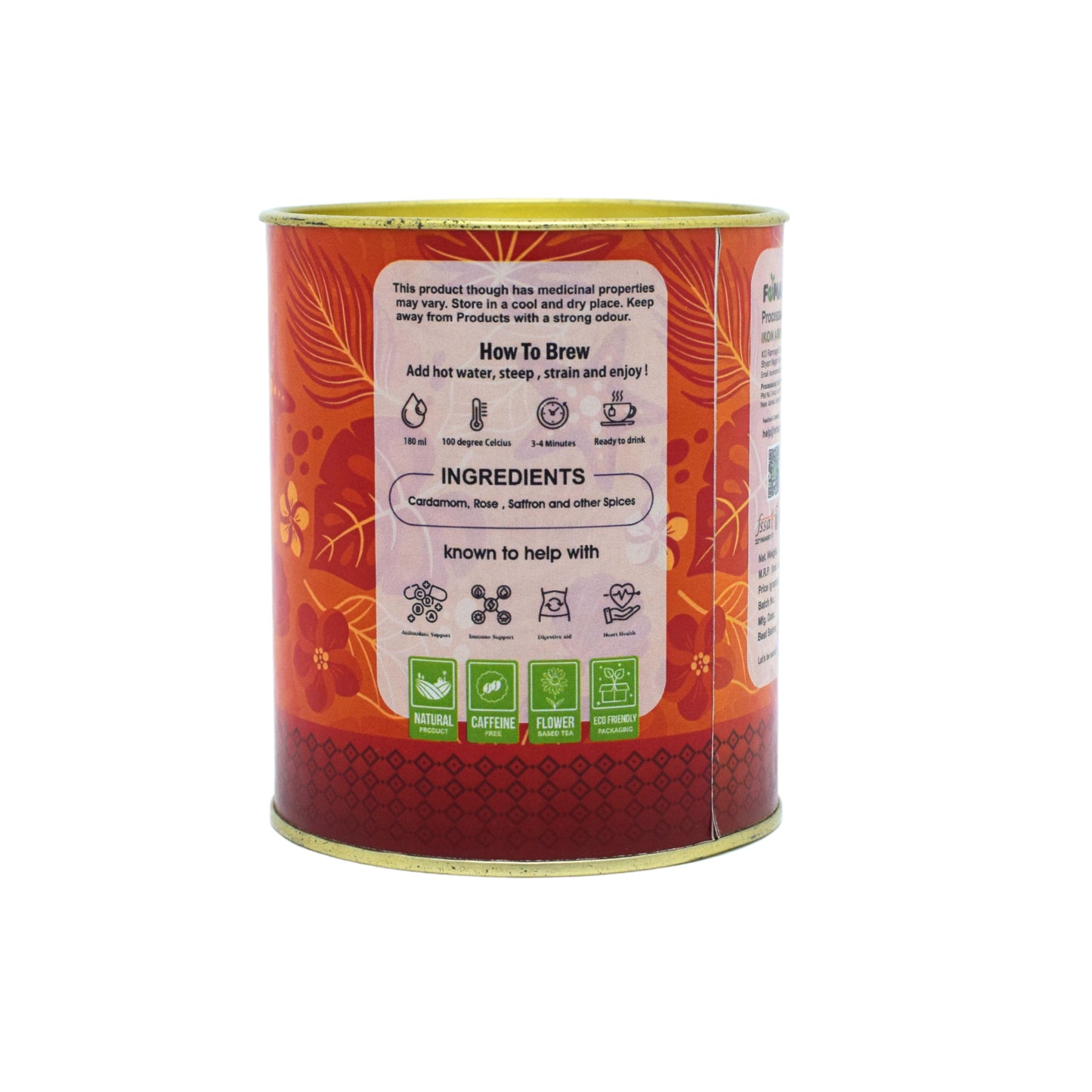 Back label of FEMAP Kashmiri Kahwa tea tin displaying ingredients, brewing instructions, and health benefits.