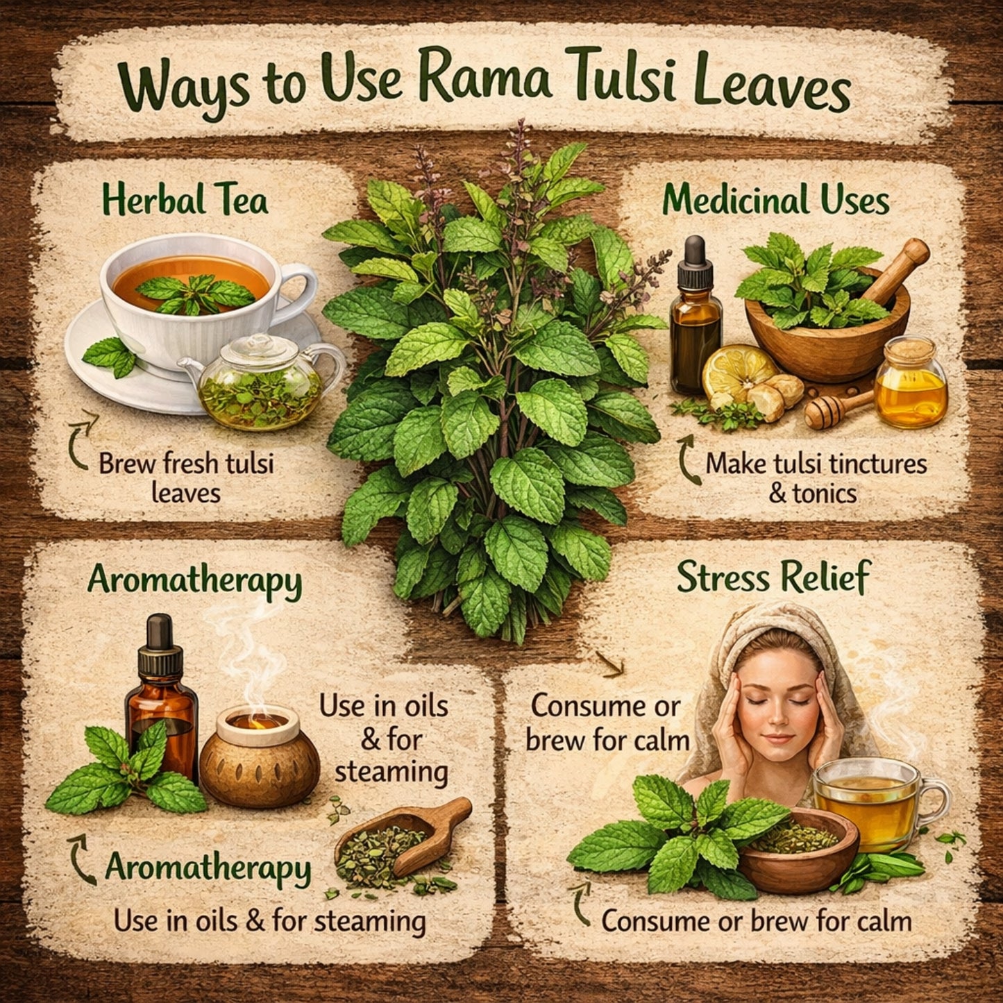 Infographic on ways to use Rama Tulsi leaves with illustrations and text.