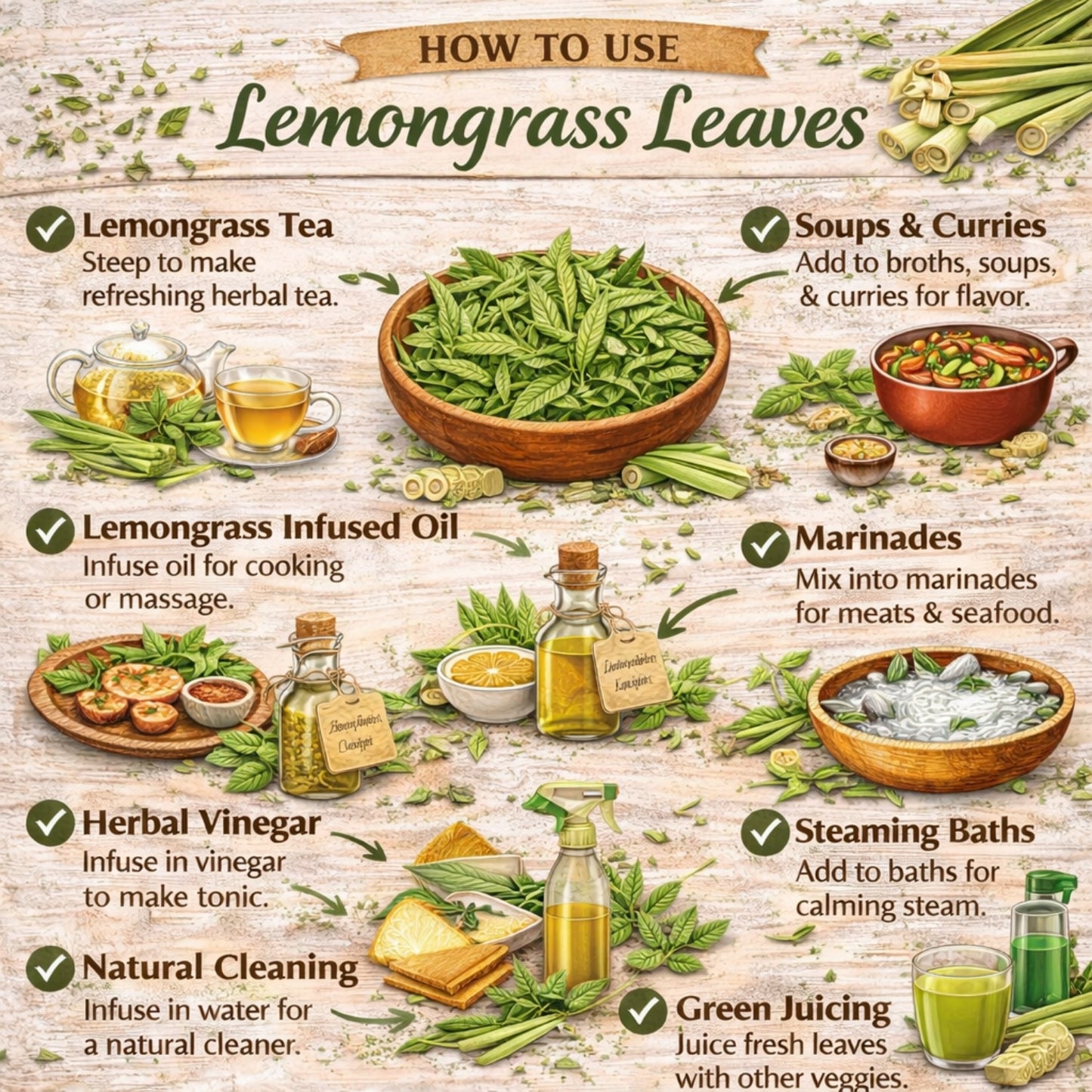 Infographic on how to use lemongrass leaves with various applications.