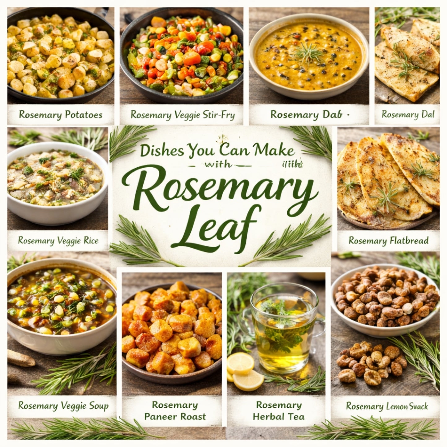 Collage of dishes made with rosemary leaf, including text overlay.