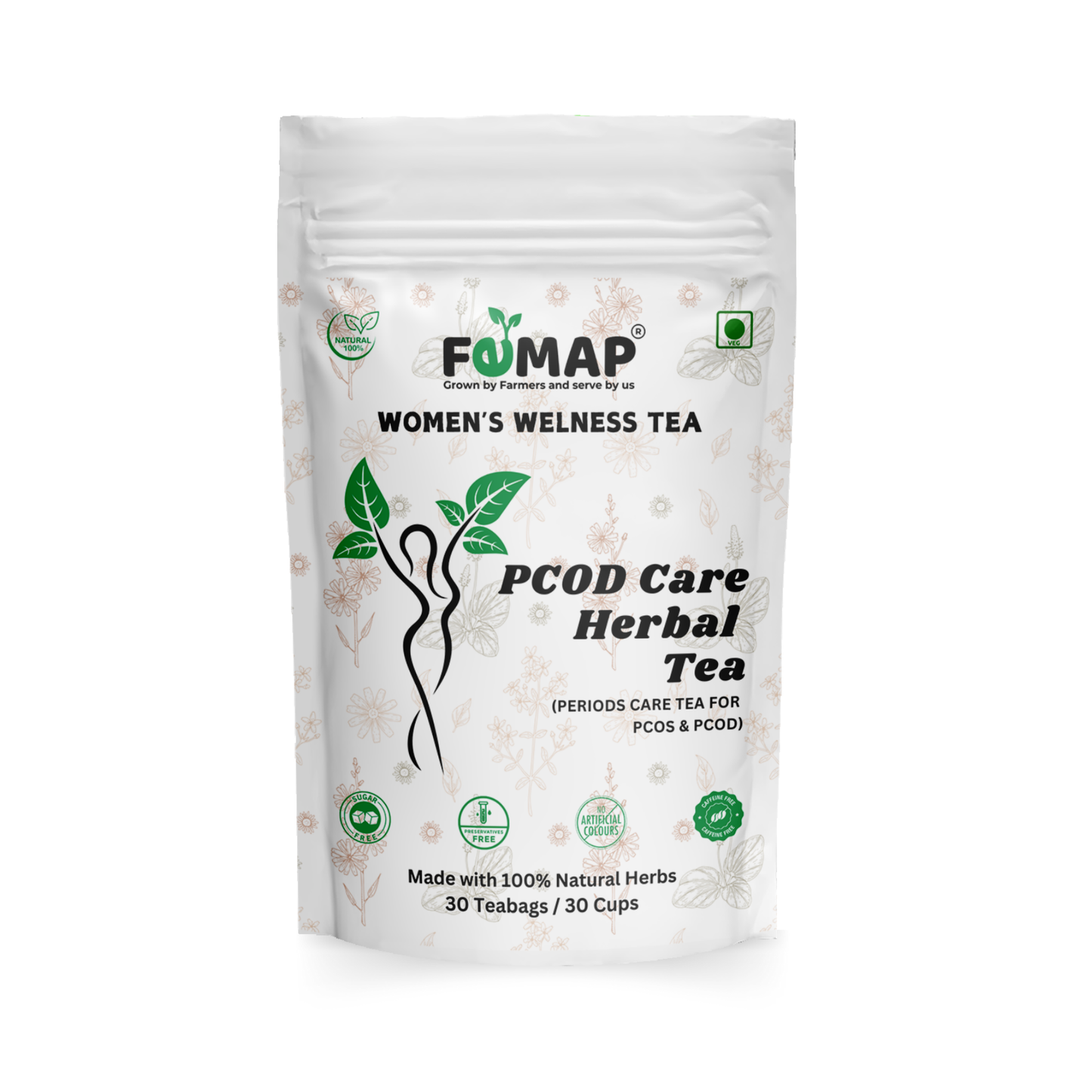 FEMAP PCOD Care Herbal Tea front pack image – Natural herbal tea for PCOS and period support