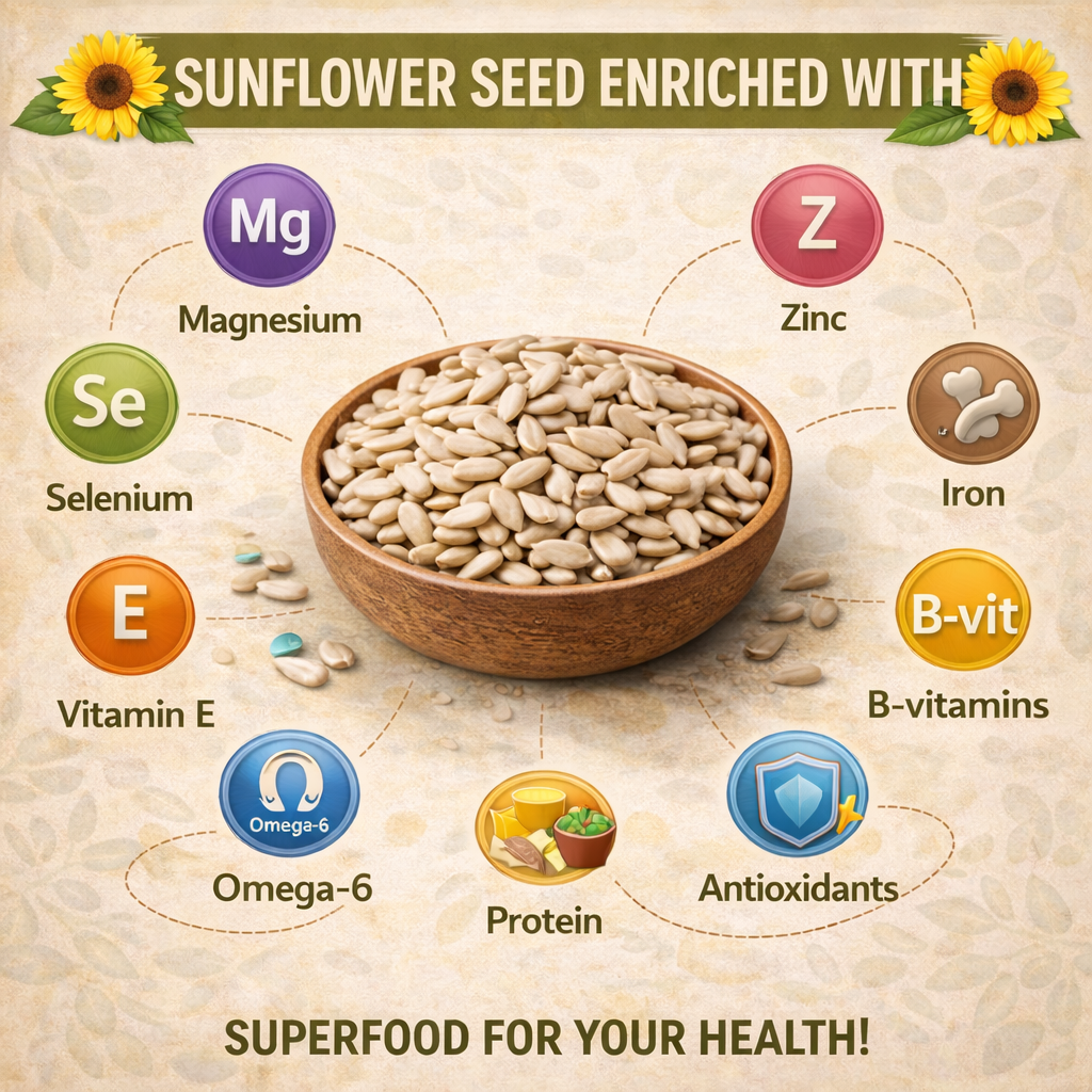 Sunflower seeds in a bowl with health benefits labeled around it on a beige background.