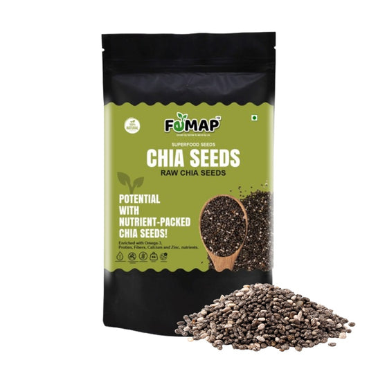 A packet of Femap brand raw chia seeds with a pile of chia seeds next to it. The packet highlights the nutritional benefits and suggests potential health advantages.