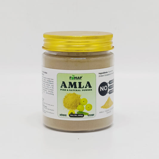 Jar of Amla powder with a yellow lid on a white background