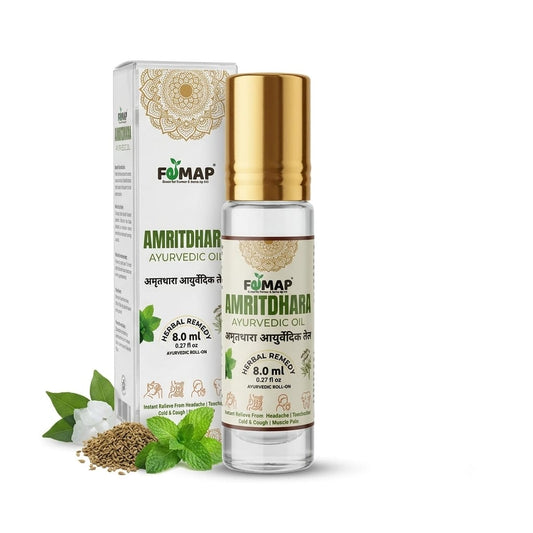 FEMAP Amritdhara Ayurvedic Oil 8ml bottle with a gold cap next to its white and gold packaging box, styled with neem leaves, seeds, and a white flower on a white background.