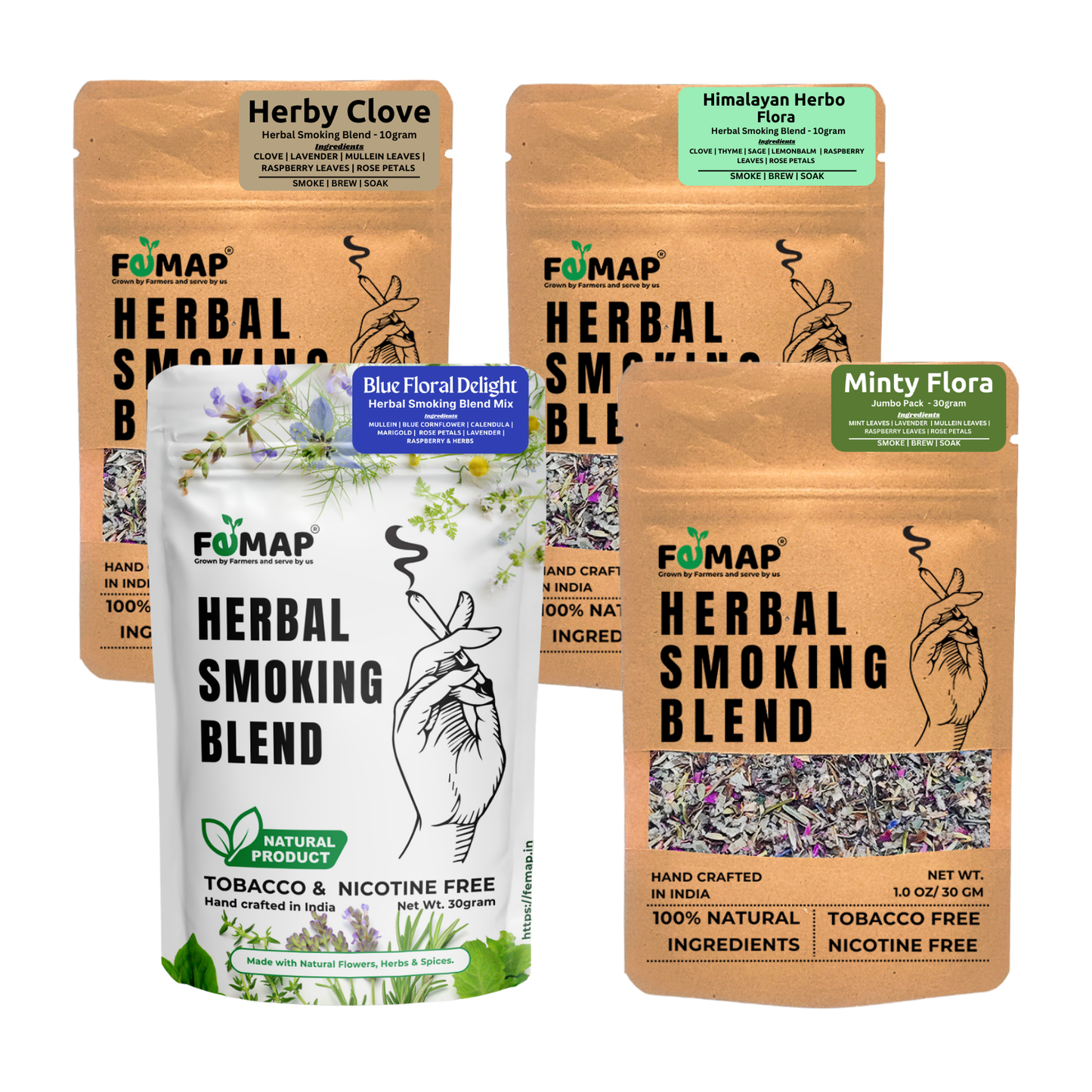 Femap Herbal Smoking Blend | Sampler Pack of 4 Herbal Smoking Blends | Minty Flora | Himayan Herby Clove | Herbo Clove