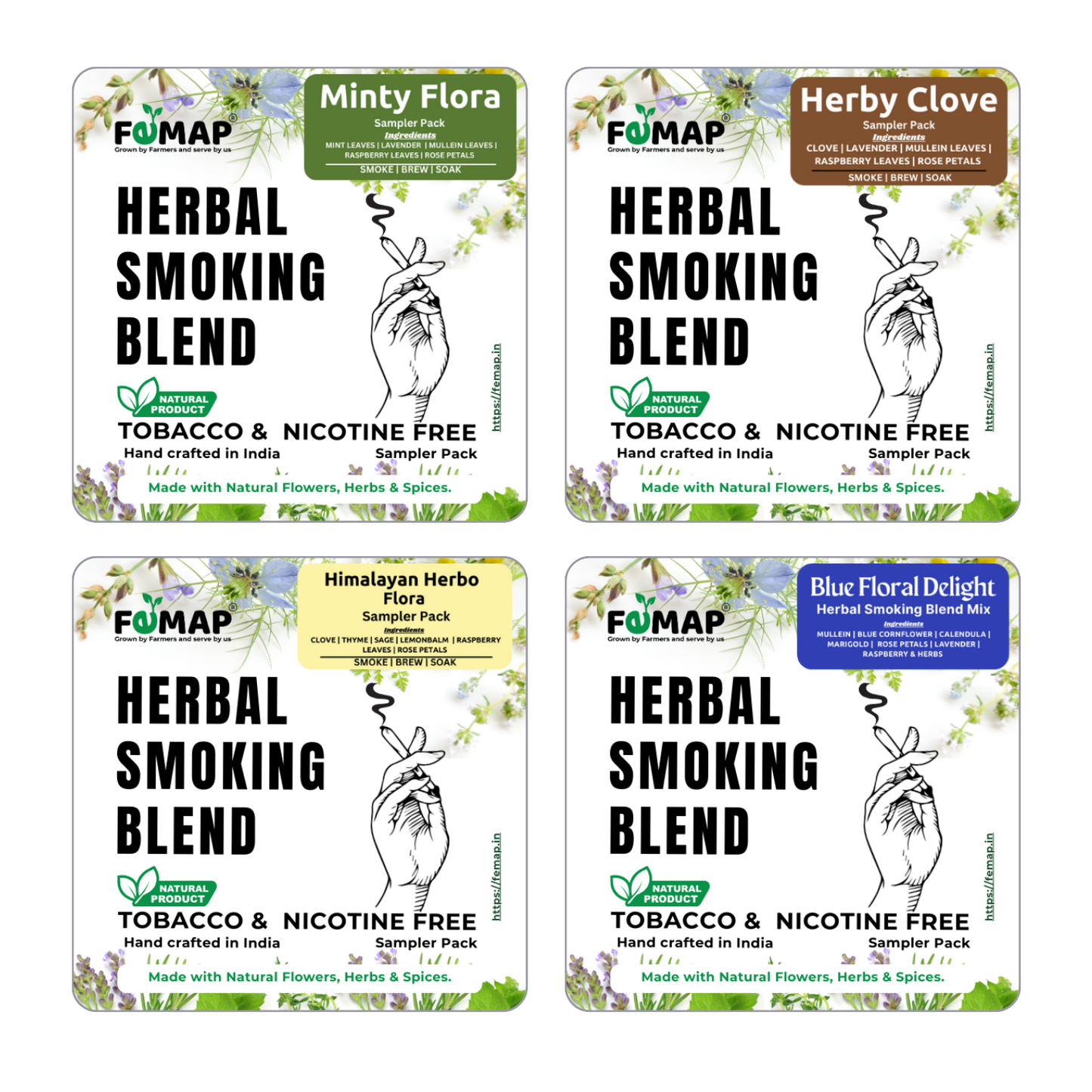 Femap Herbal Smoking Blend | Sampler Pack of 4 Herbal Smoking Blends | Minty Flora | Himayan Herby Clove | Herbo Clove