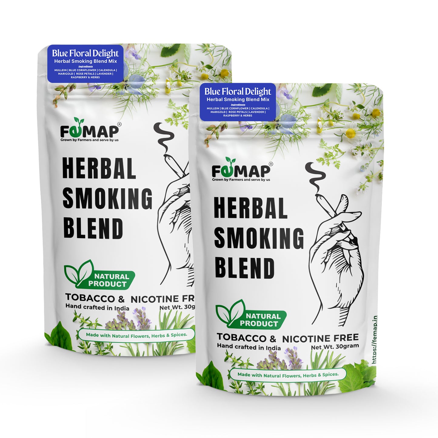 Femap Blue Floral Delight Herbal Smoking Blend Mix | Natural, Tobacco Free & Nicotine Free | With Blue Cornflower, Mullein Leaves, Calendula Flower, Raspberry Leaves, Lavender & Other Herbs | 30g Pack_of_2