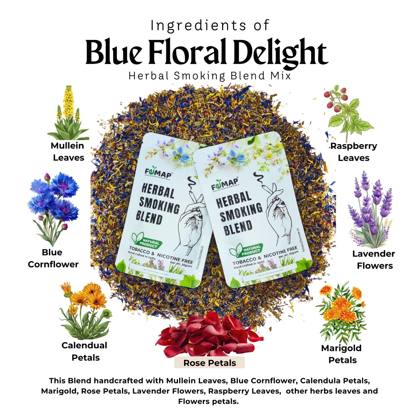 Femap Blue Floral Delight Herbal Smoking Blend Mix | Natural, Tobacco Free & Nicotine Free | With Blue Cornflower, Mullein Leaves, Calendula Flower, Raspberry Leaves, Lavender & Other Herbs | 30g Pack_of_2