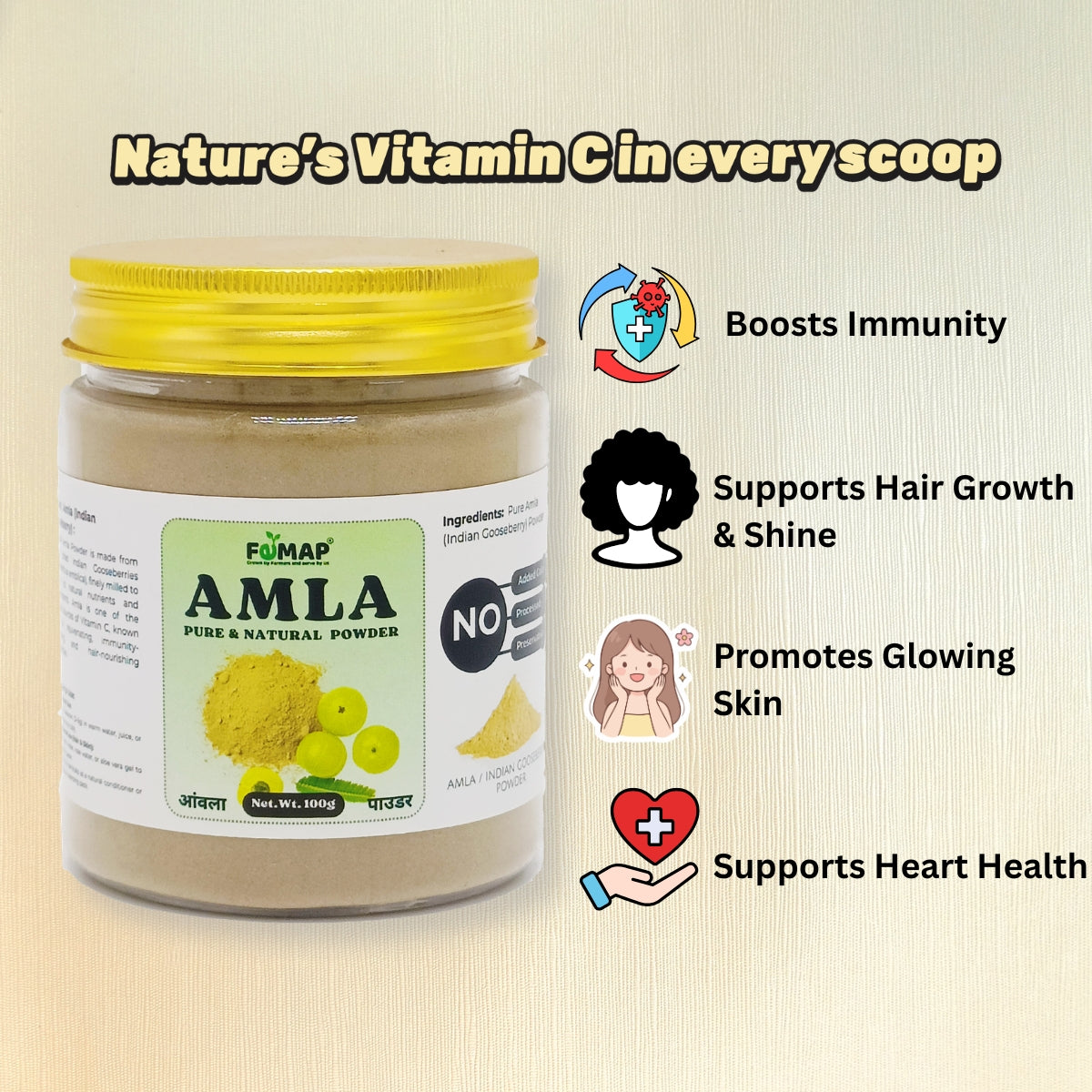 Jar of Amla powder with health benefits listed on a beige background