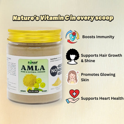 Jar of Amla powder with health benefits listed on a beige background