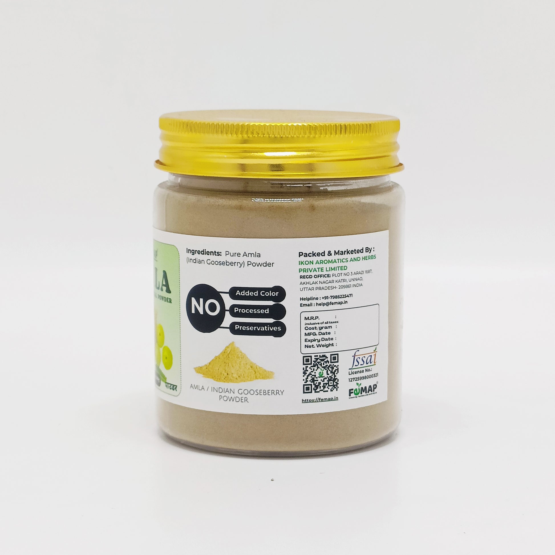 Jar of Indian gooseberry powder with a yellow lid on a white background