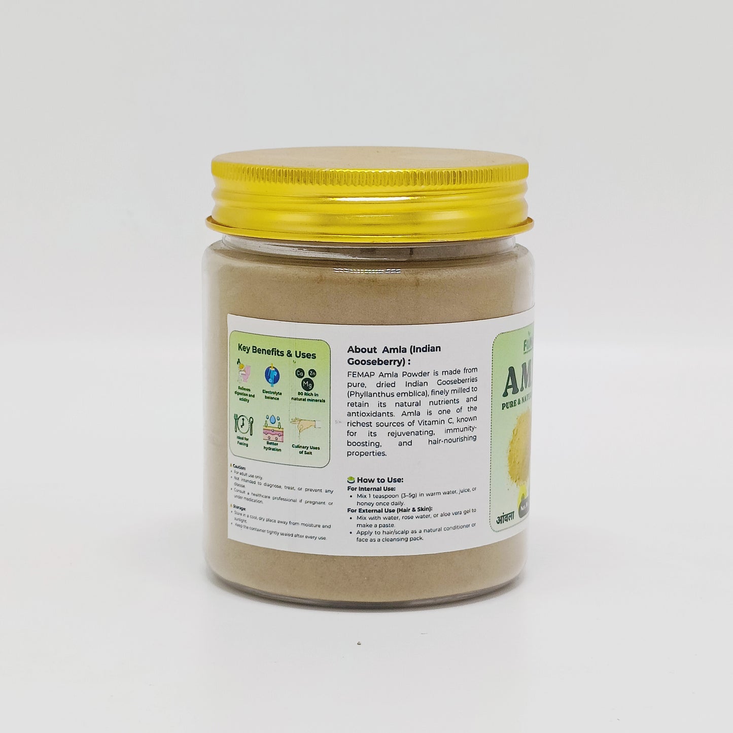 Jar of AMLA powder with a yellow lid on a white background