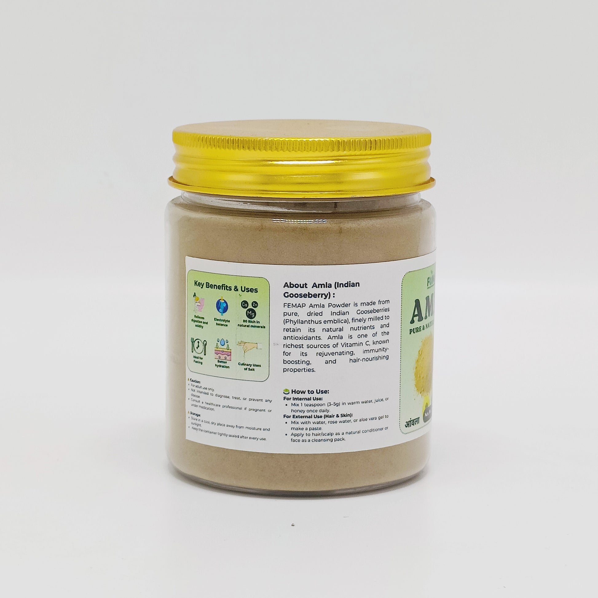 Jar of AMLA powder with a yellow lid on a white background