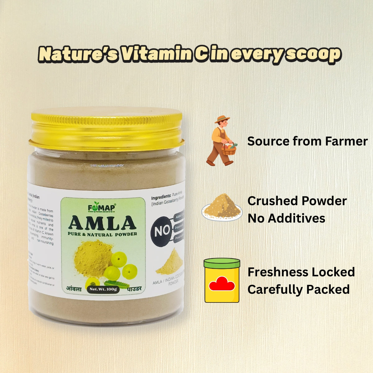 Jar of AMLA powder with packaging details on a beige background