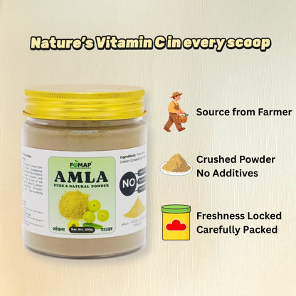 Jar of AMLA powder with packaging details on a beige background