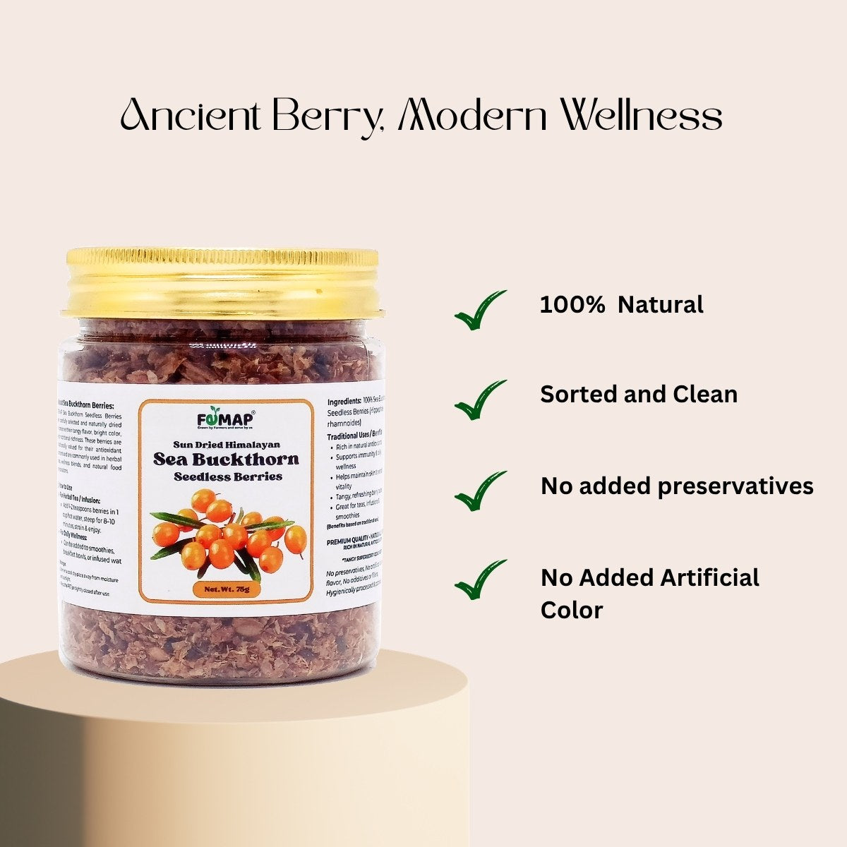 Premium Sea Buckthorn Dried Berries 100% Natural | Seabuckthorn Fruit | Rich in Antioxidants & Vitamin C | Herbal Superfood | No Additives | FEMAP