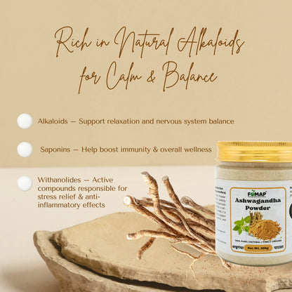 Jar of Ashwagandha powder with text about natural alkaloids on a beige background