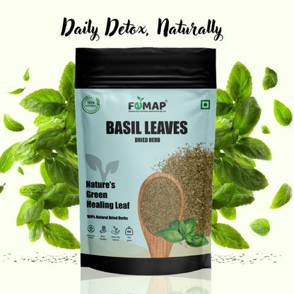 Package of basil leaves with green leaves around on a white background