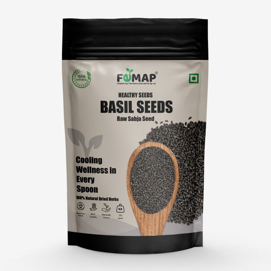 Package of Femap Basil Seeds with a wooden spoon filled with seeds on a white background