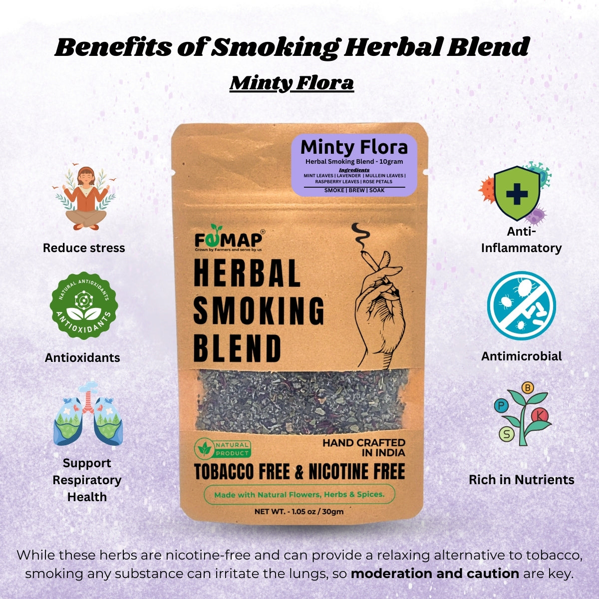 Minty Flora herbal smoking blend packaging with health benefits listed on a light purple background.