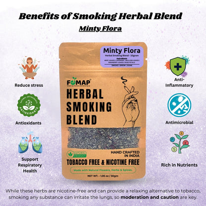 Minty Flora herbal smoking blend packaging with health benefits listed on a light purple background.