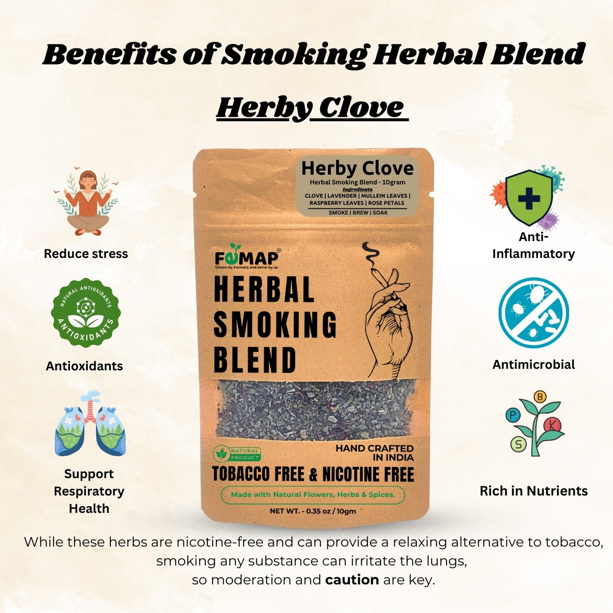 Herbal smoking blend packaging with health benefits listed on a beige background