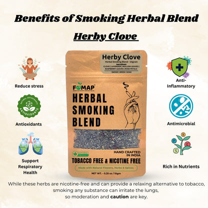Herbal smoking blend packaging with health benefits listed on a beige background