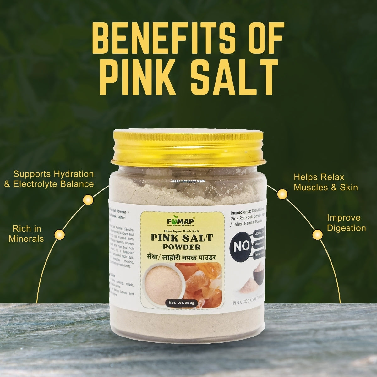 Jar of pink salt powder with benefits listed on a green background