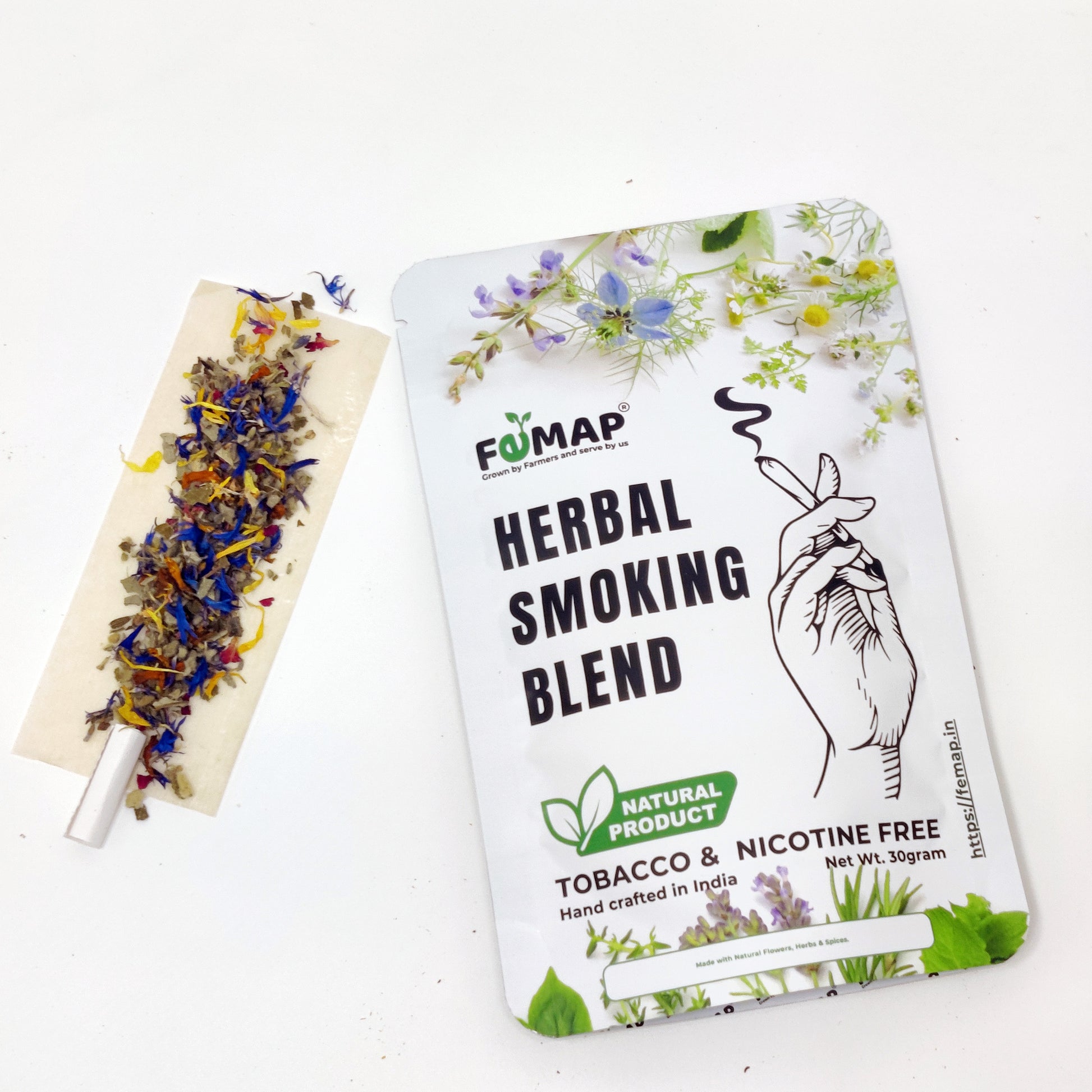 FEMAP herbal smoking blend packaging with a smoking device on a white background