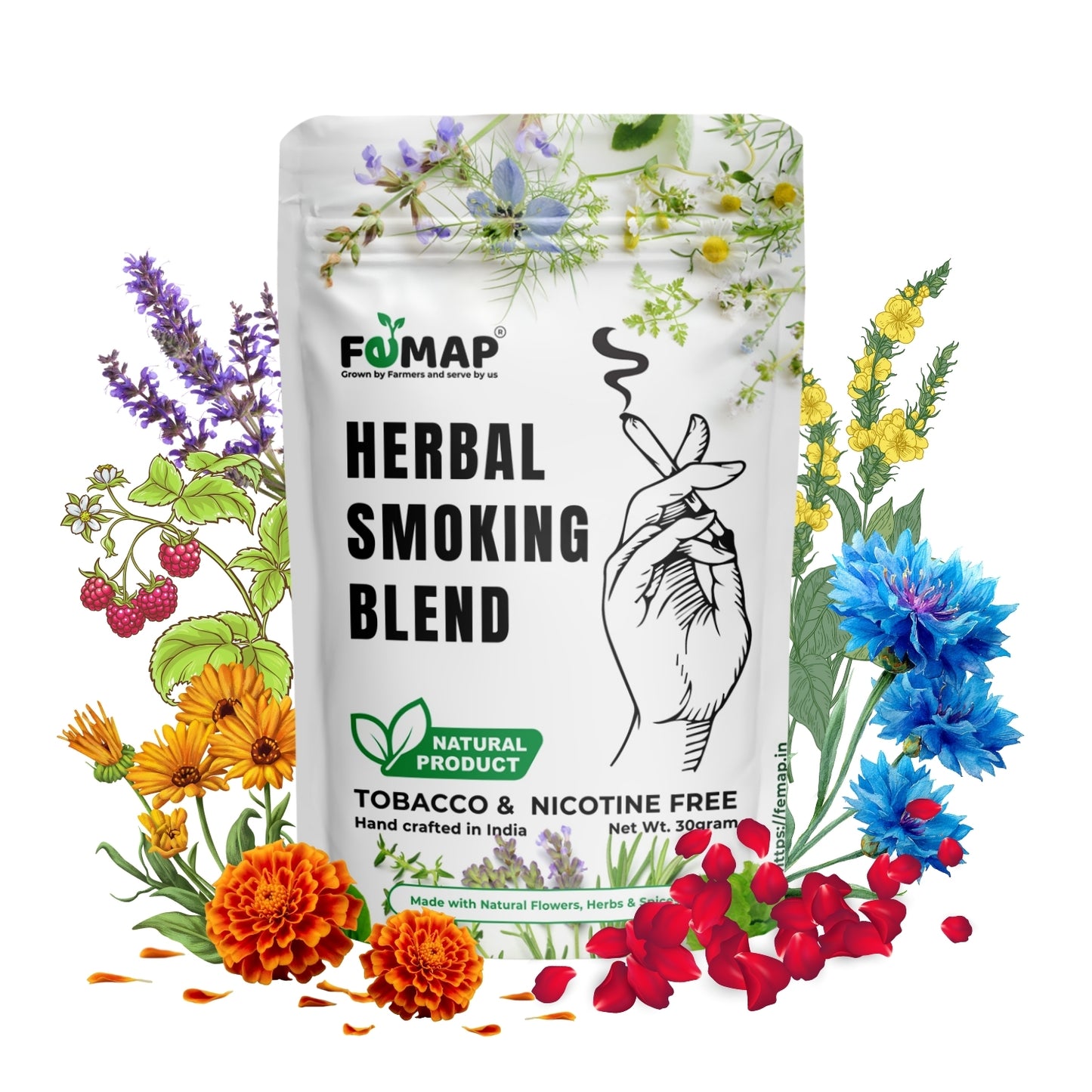 FEMAP Herbal Smoking Blend package with floral decorations on a white background